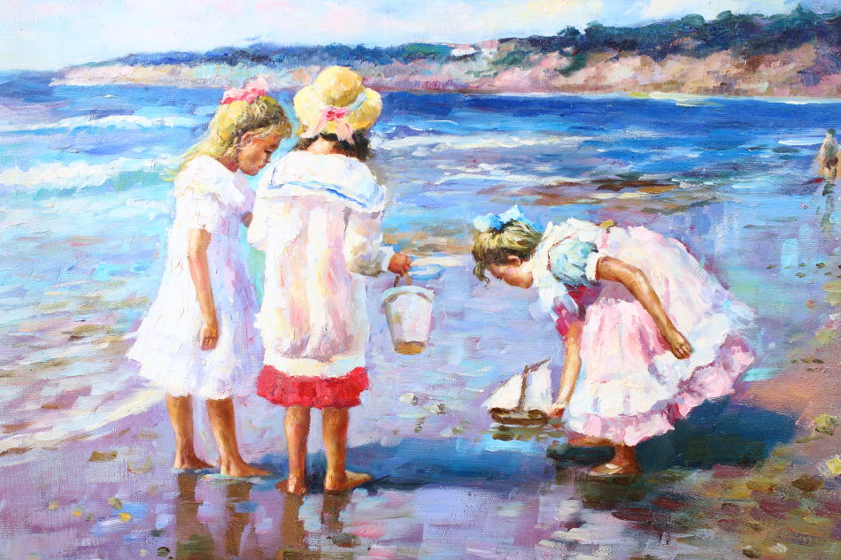 Three little girls on the beach / Oil Painting