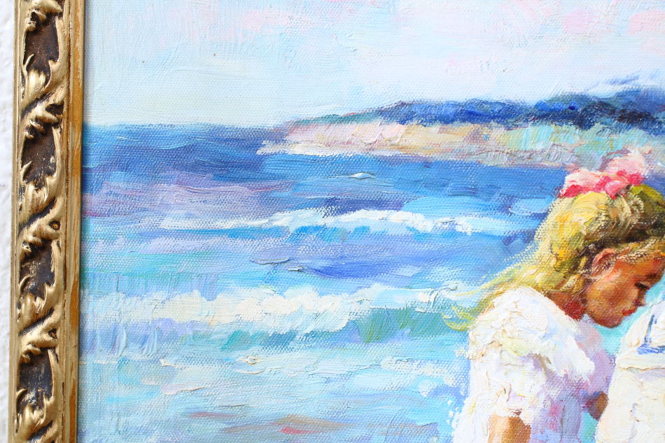Three little girls on the beach / Oil Painting