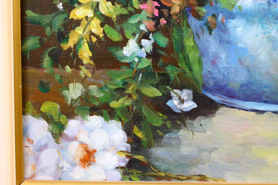 Roses & Irises in a vase / Oil Painting