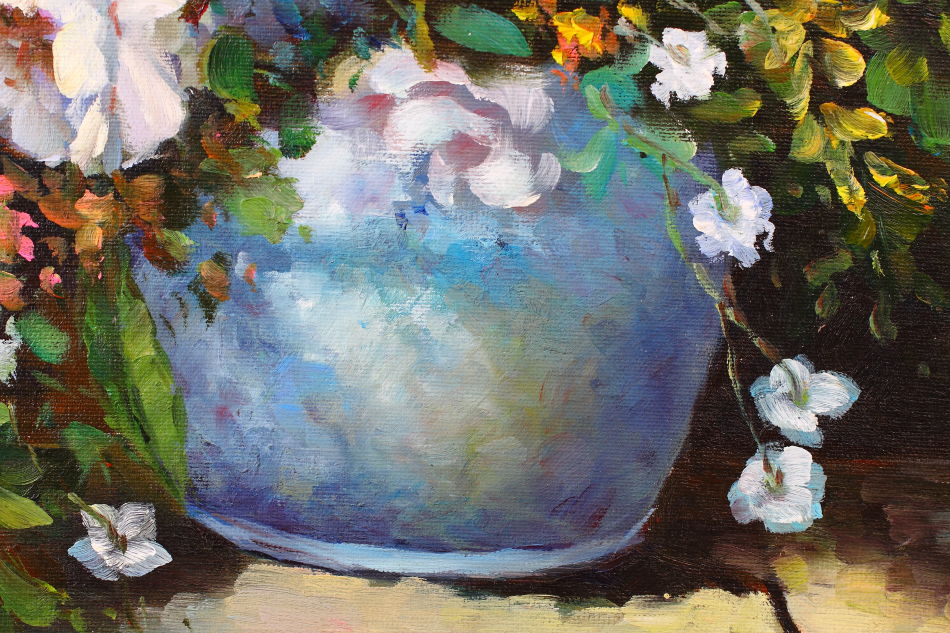 Roses & Irises in a vase / Oil Painting