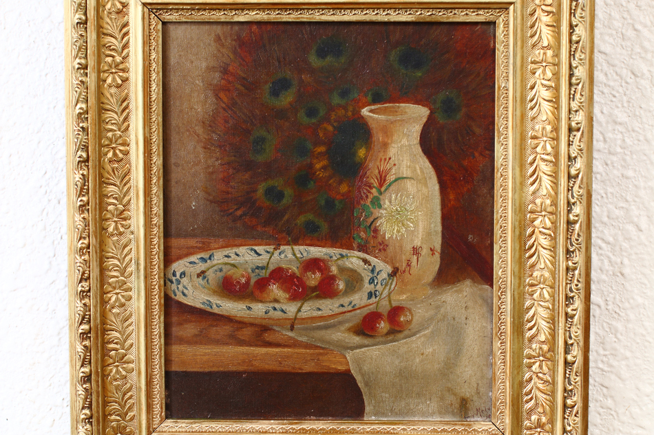 Fruit in a Bowl with Peacock feather/ Oil Painting