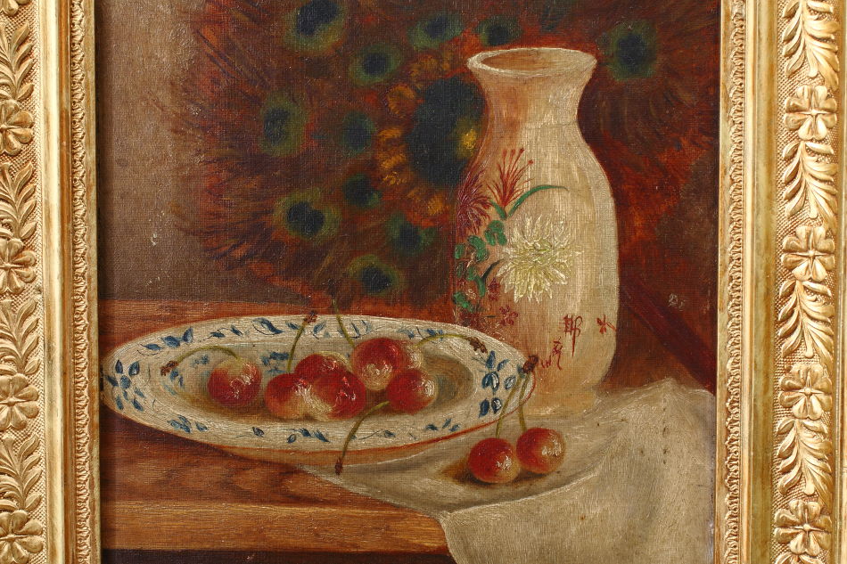 Fruit in a Bowl with Peacock feather/ Oil Painting