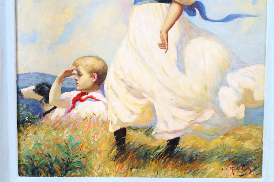 Woman and child standing in grassland/Oil Painting