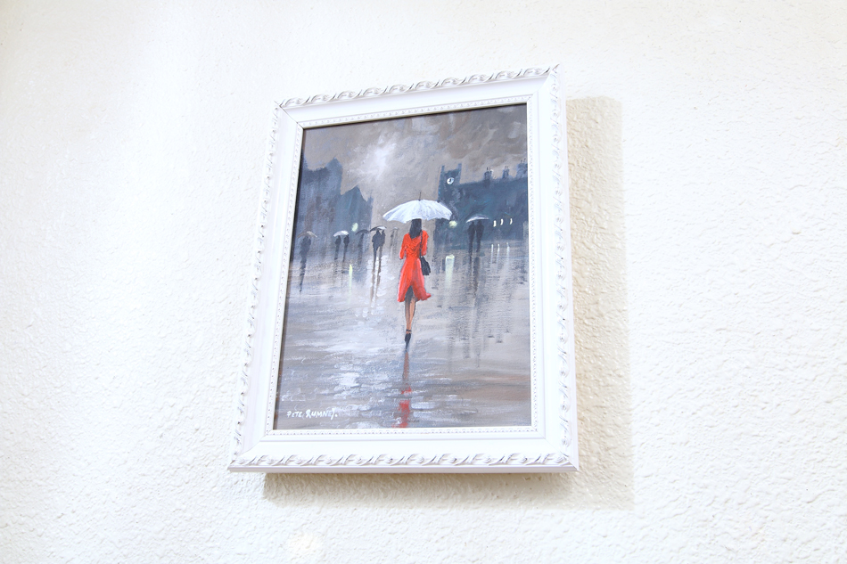 Red coat in evening rain / Oil Painting