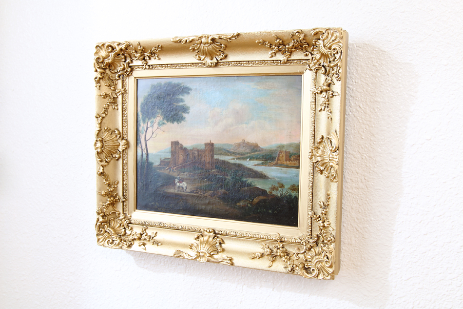 Figures In a Classical River Castle / Oil Painting