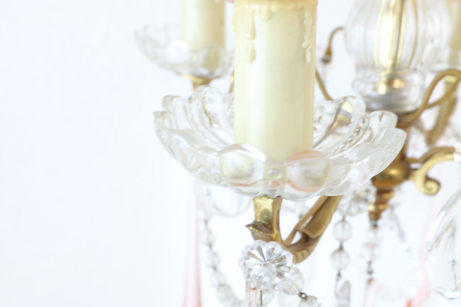 ムラーノピンクガラス&クリアドロップ ゴールドギルトシャンデリア(4灯)
