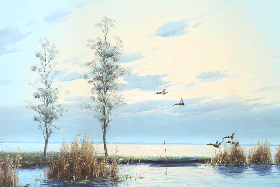 Ducks in Flight Over a Lake at Sunrise / oil paint