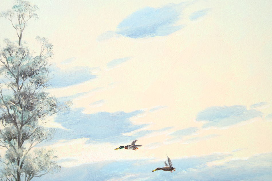Ducks in Flight Over a Lake at Sunrise / oil paint