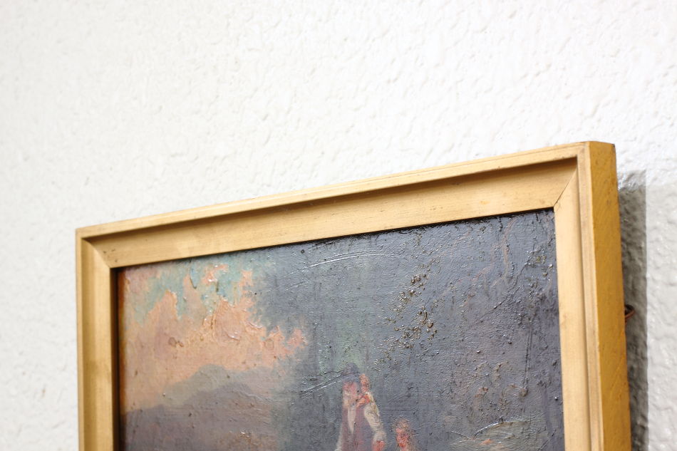 A Man With 2Children Approaching a River/oil paint