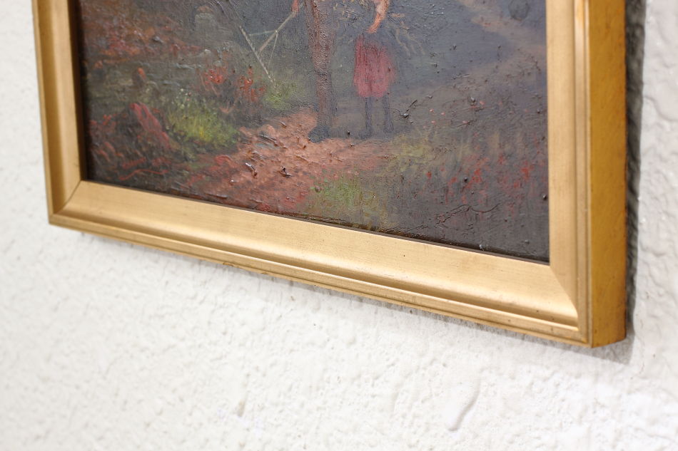A Man With 2Children Approaching a River/oil paint