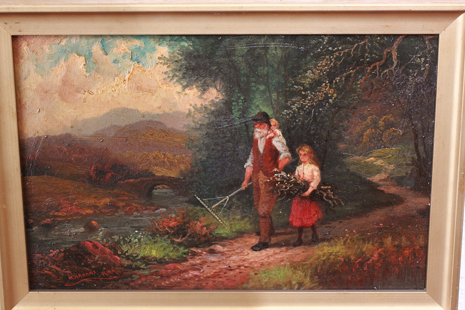 A Man With 2Children Approaching a River/oil paint