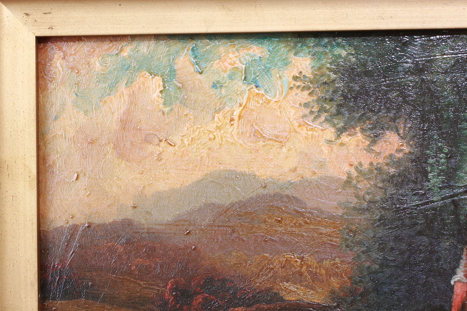 A Man With 2Children Approaching a River/oil paint
