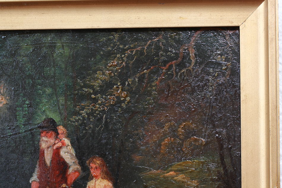 A Man With 2Children Approaching a River/oil paint