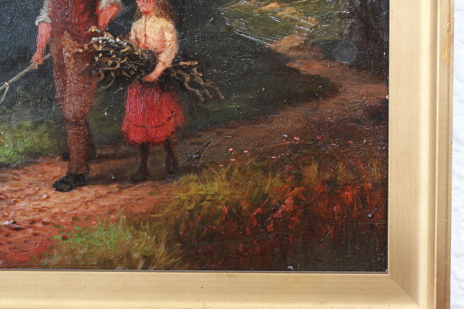 A Man With 2Children Approaching a River/oil paint