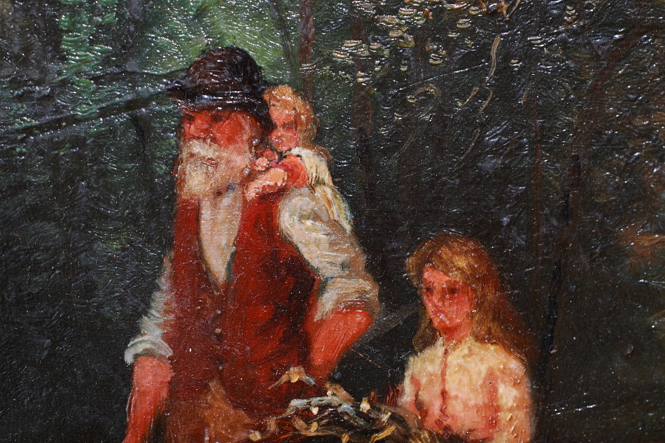 A Man With 2Children Approaching a River/oil paint