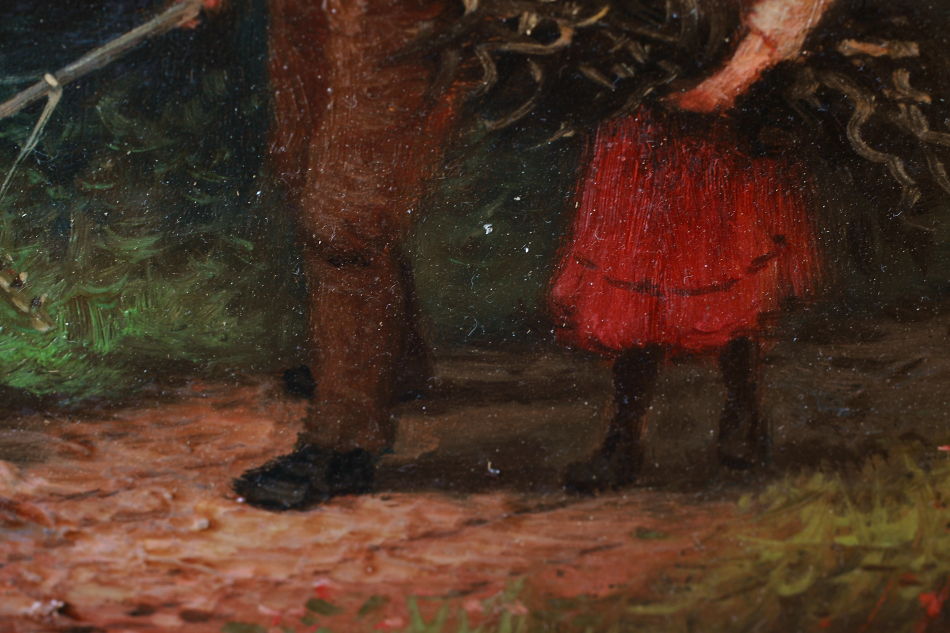 A Man With 2Children Approaching a River/oil paint