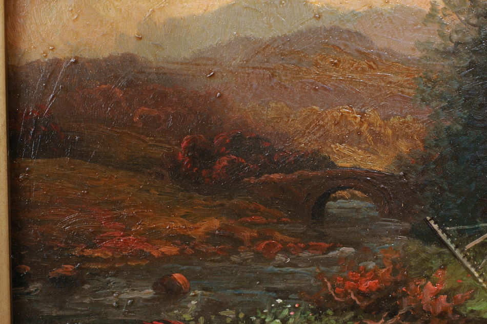 A Man With 2Children Approaching a River/oil paint