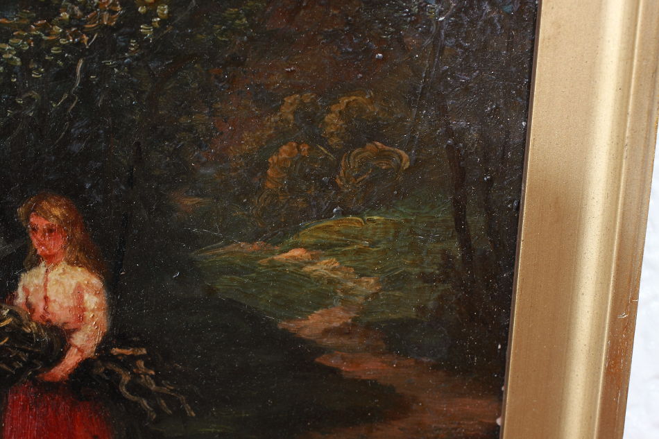 A Man With 2Children Approaching a River/oil paint