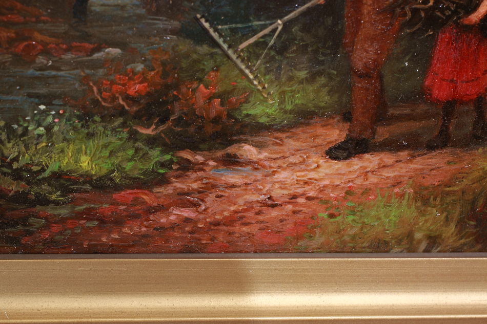 A Man With 2Children Approaching a River/oil paint