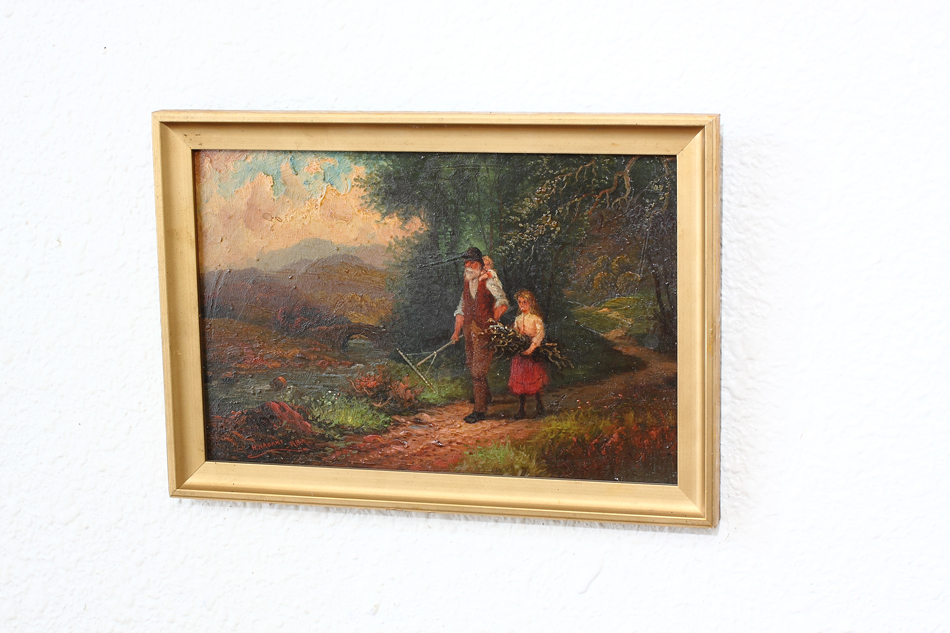 A Man With 2Children Approaching a River/oil paint