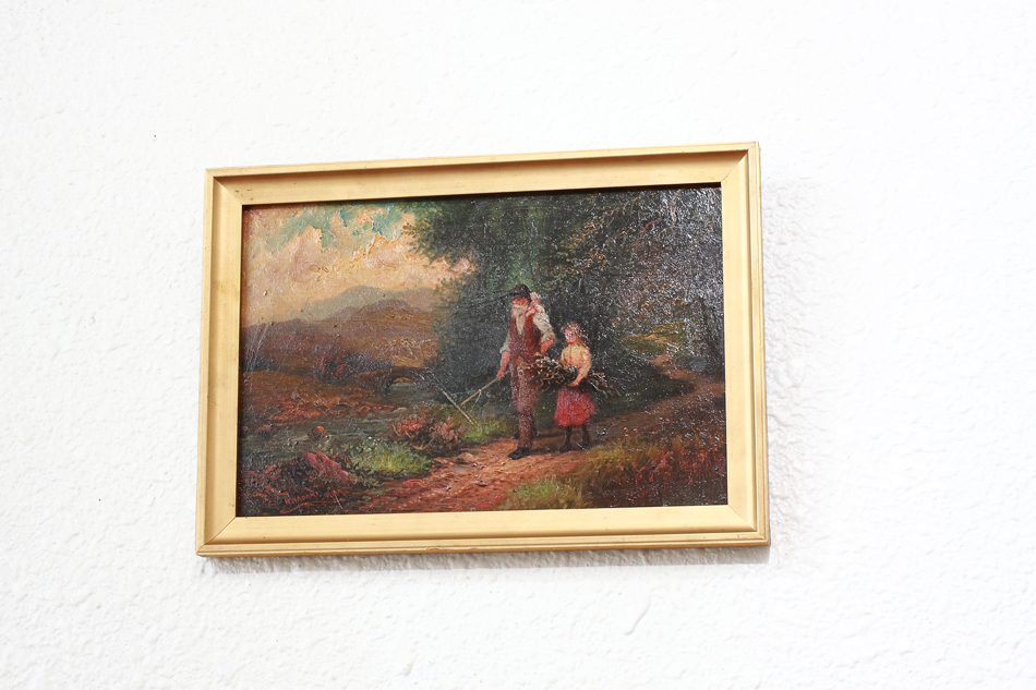 A Man With 2Children Approaching a River/oil paint