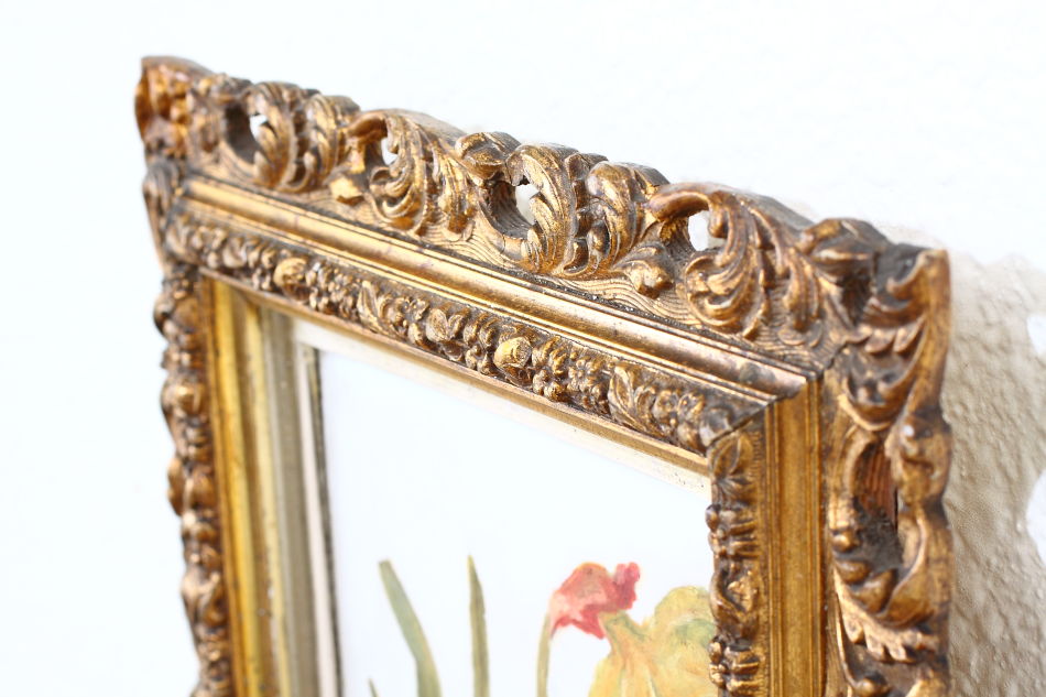 Victorian Flower On Opal Glass / Oil Painting