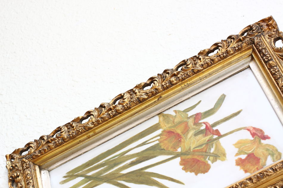 Victorian Flower On Opal Glass / Oil Painting