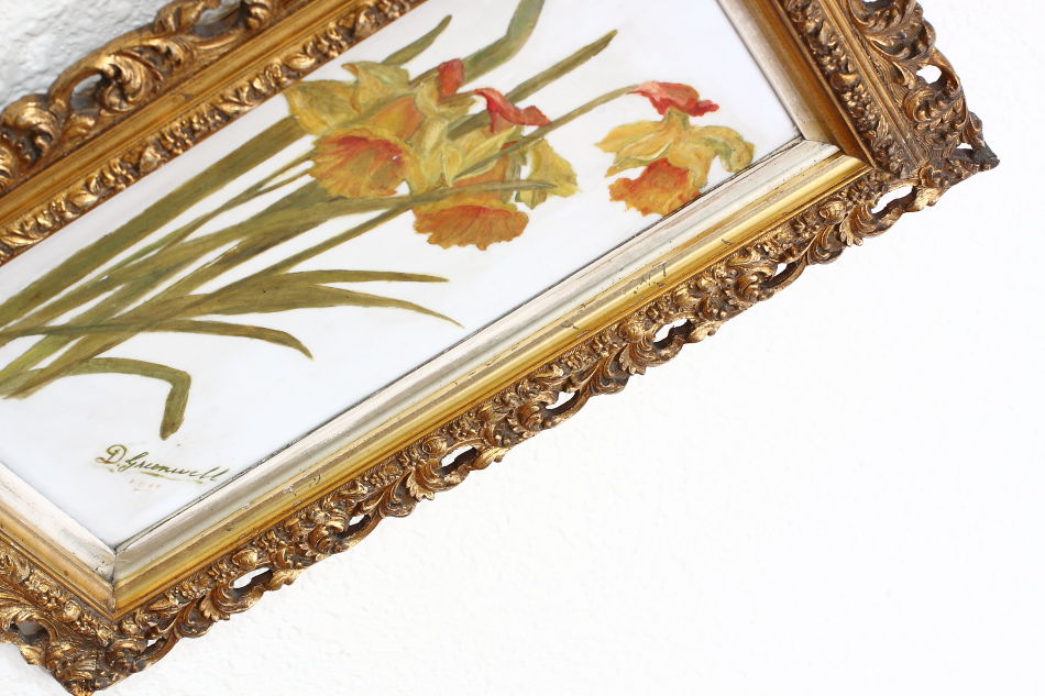 Victorian Flower On Opal Glass / Oil Painting