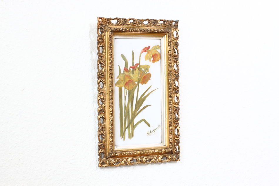 Victorian Flower On Opal Glass / Oil Painting