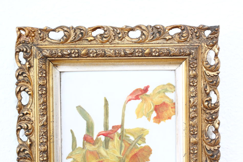Victorian Flower On Opal Glass / Oil Painting