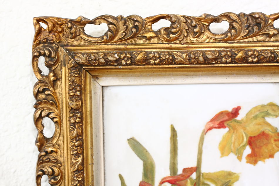 Victorian Flower On Opal Glass / Oil Painting