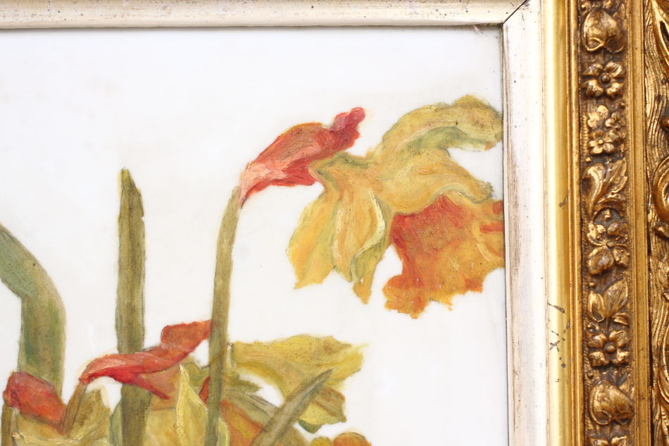 Victorian Flower On Opal Glass / Oil Painting