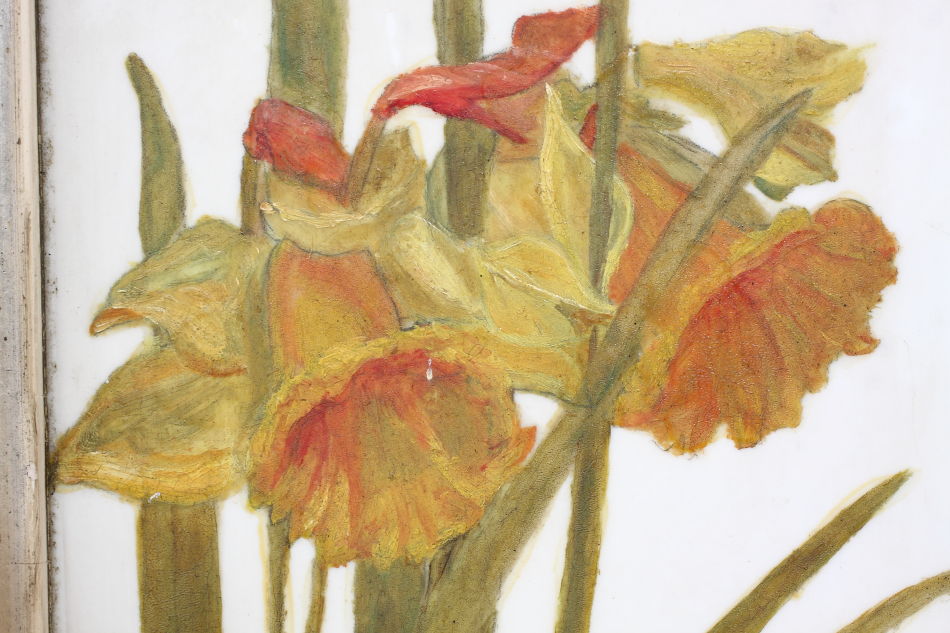 Victorian Flower On Opal Glass / Oil Painting