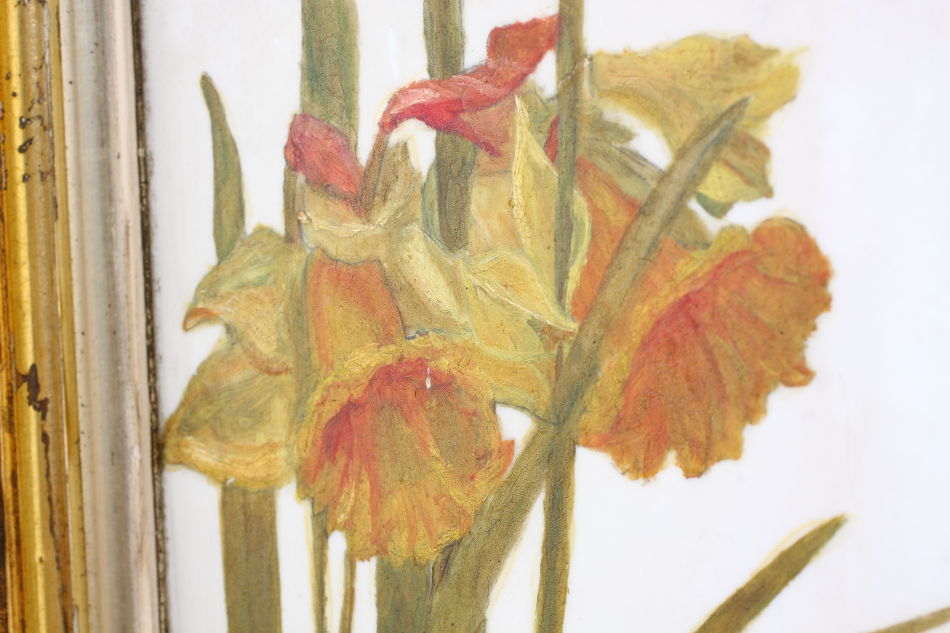 Victorian Flower On Opal Glass / Oil Painting
