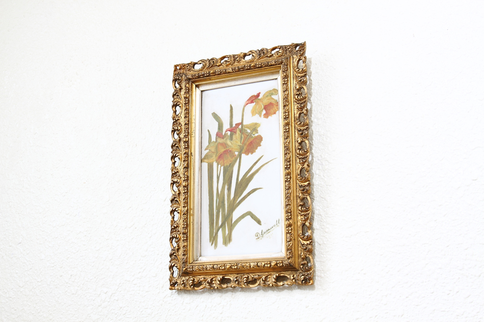 Victorian Flower On Opal Glass / Oil Painting