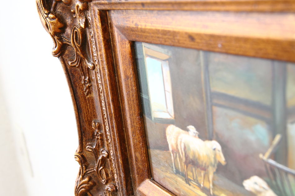 Scene of the farm with Three Sheep / Oil Painting