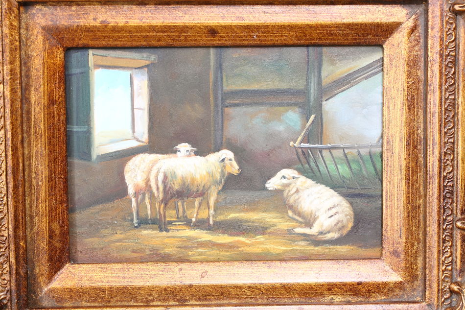 Scene of the farm with Three Sheep / Oil Painting
