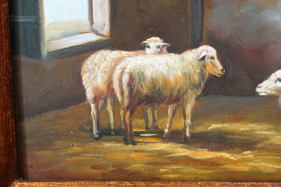 Scene of the farm with Three Sheep / Oil Painting