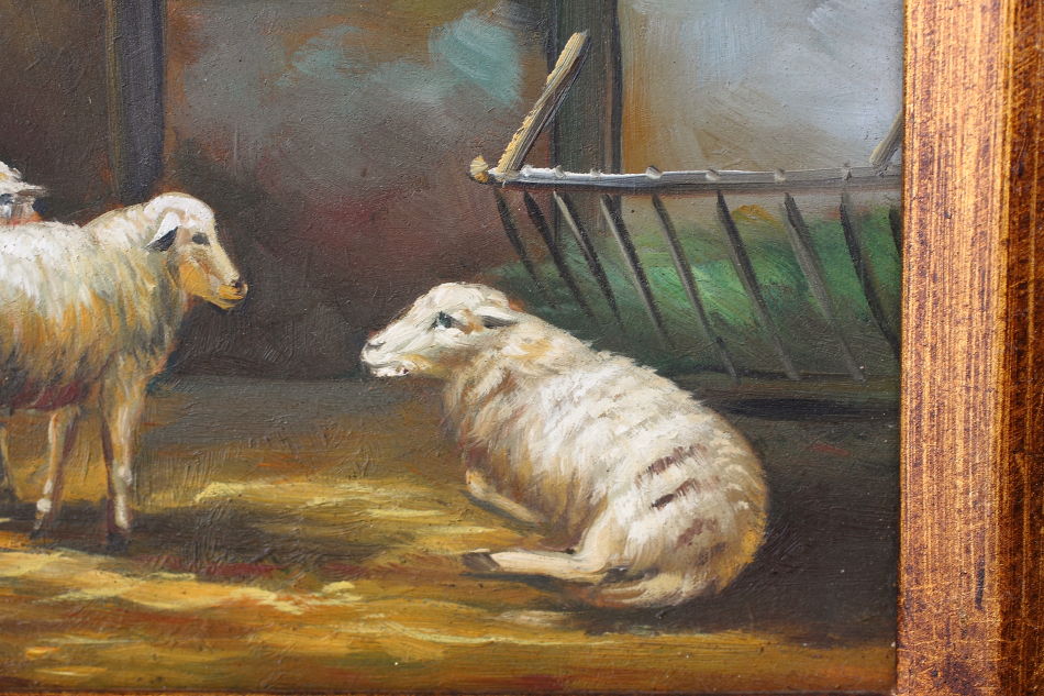 Scene of the farm with Three Sheep / Oil Painting