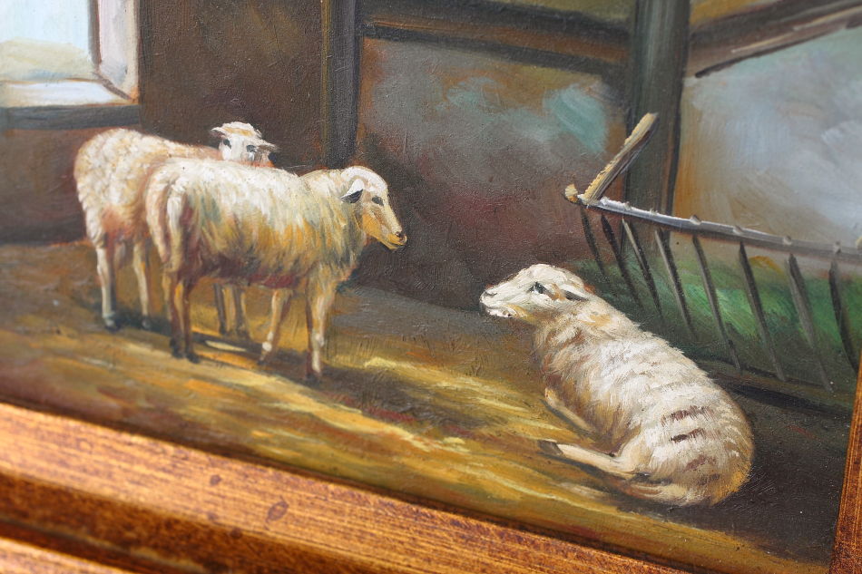 Scene of the farm with Three Sheep / Oil Painting