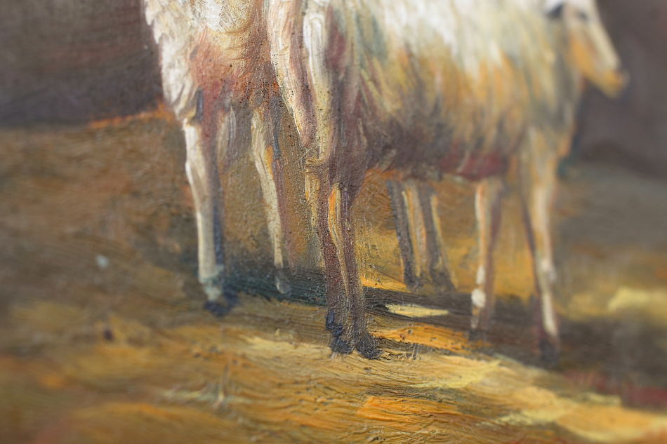 Scene of the farm with Three Sheep / Oil Painting