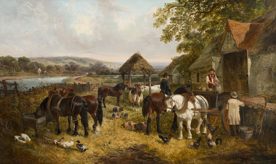 Horses in a Farmyard with Pigs/ Oil painting