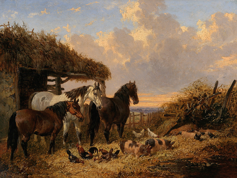 Horses in a Farmyard with Pigs/ Oil painting