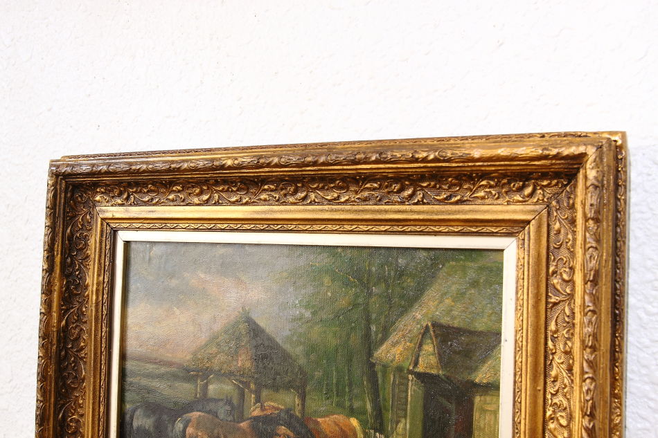 Horses in a Farmyard with Pigs/ Oil painting