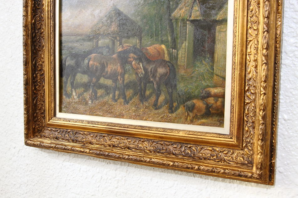 Horses in a Farmyard with Pigs/ Oil painting