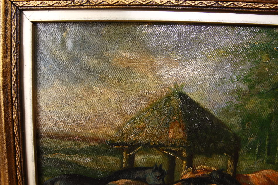 Horses in a Farmyard with Pigs/ Oil painting