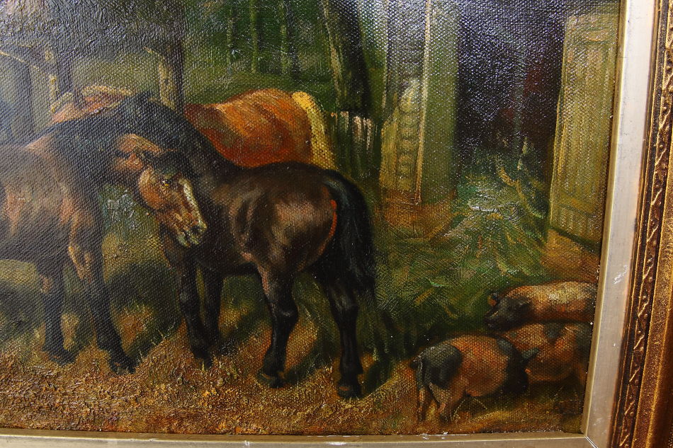 Horses in a Farmyard with Pigs/ Oil painting