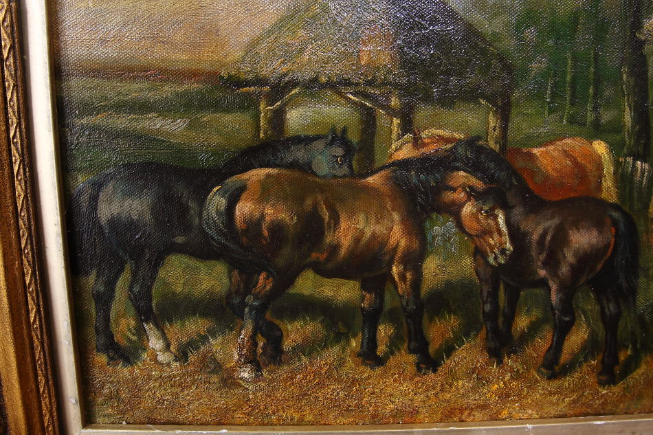 Horses in a Farmyard with Pigs/ Oil painting