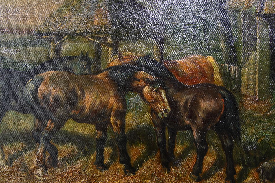 Horses in a Farmyard with Pigs/ Oil painting