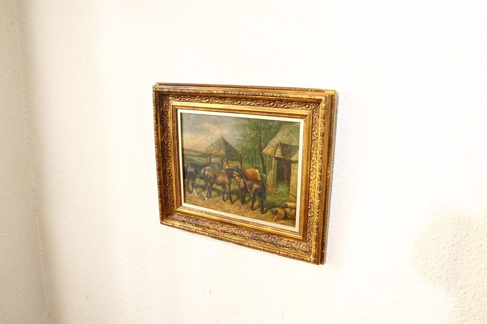 Horses in a Farmyard with Pigs/ Oil painting